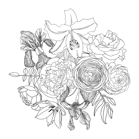 Vector arrange with summer flowers  - tulips, iris, rose, lily, ranunculus, peony. Floral composition for greeting card and invitation, event or wedding design. Flowers botanical black outlines